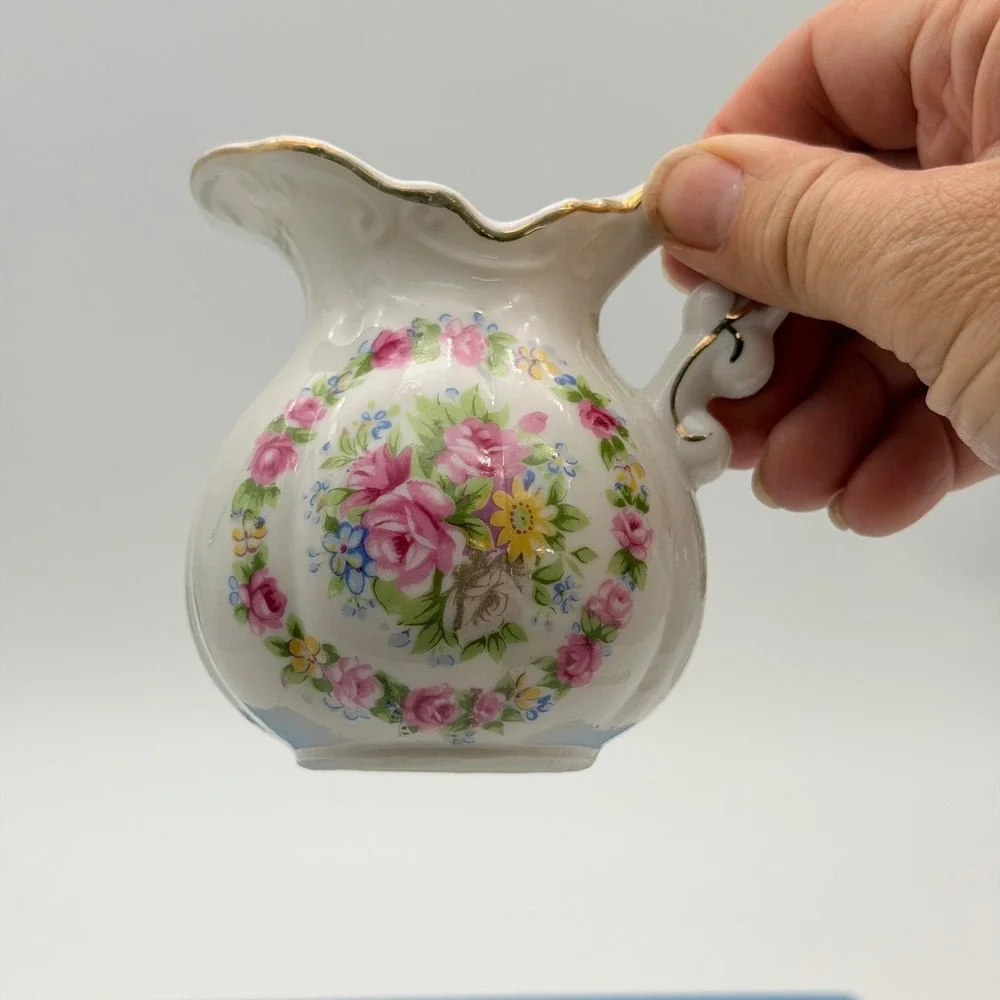 Vintage Floral Porcelain Mini Pitcher Creamer Gold Trim Pink Rose White